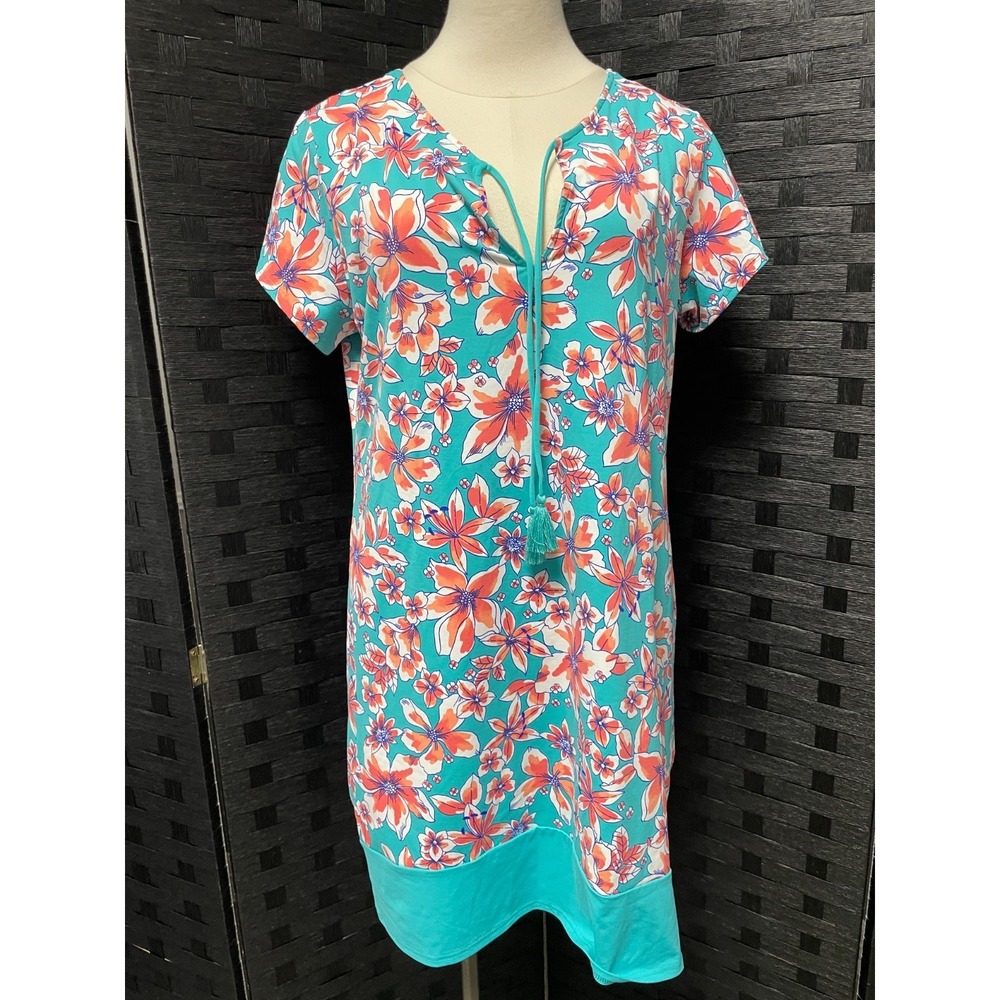 Lands End Size M Swim Cover Up Women Teal Floral Tassel Tie‎ Tunic Dress Summer